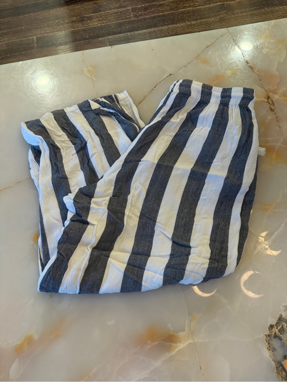 Soft Striped Elastic Waist Linen-Blend Pants in Navy and White